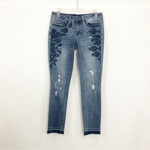 Nanette Lepore Distressed Embroidered Released Hem Ankle Jeans, Size 2, Blue